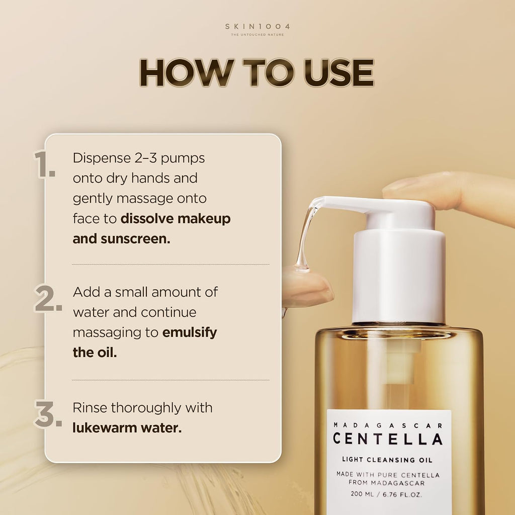 How to use SKIN1004 cleansing oil: massage, emulsify with water and rinse