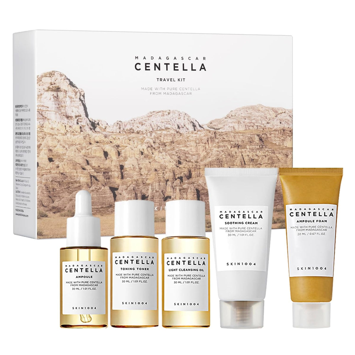 SKIN1004 Madagascar Centella 5-piece Travel Kit with cleansing oil, foam, toner, ampoule and cream